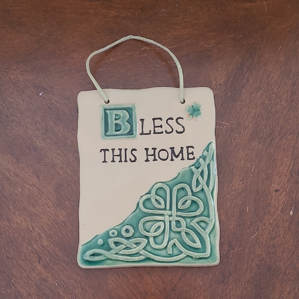 Celtic Irish Bless This Home Plaque Green and Cream